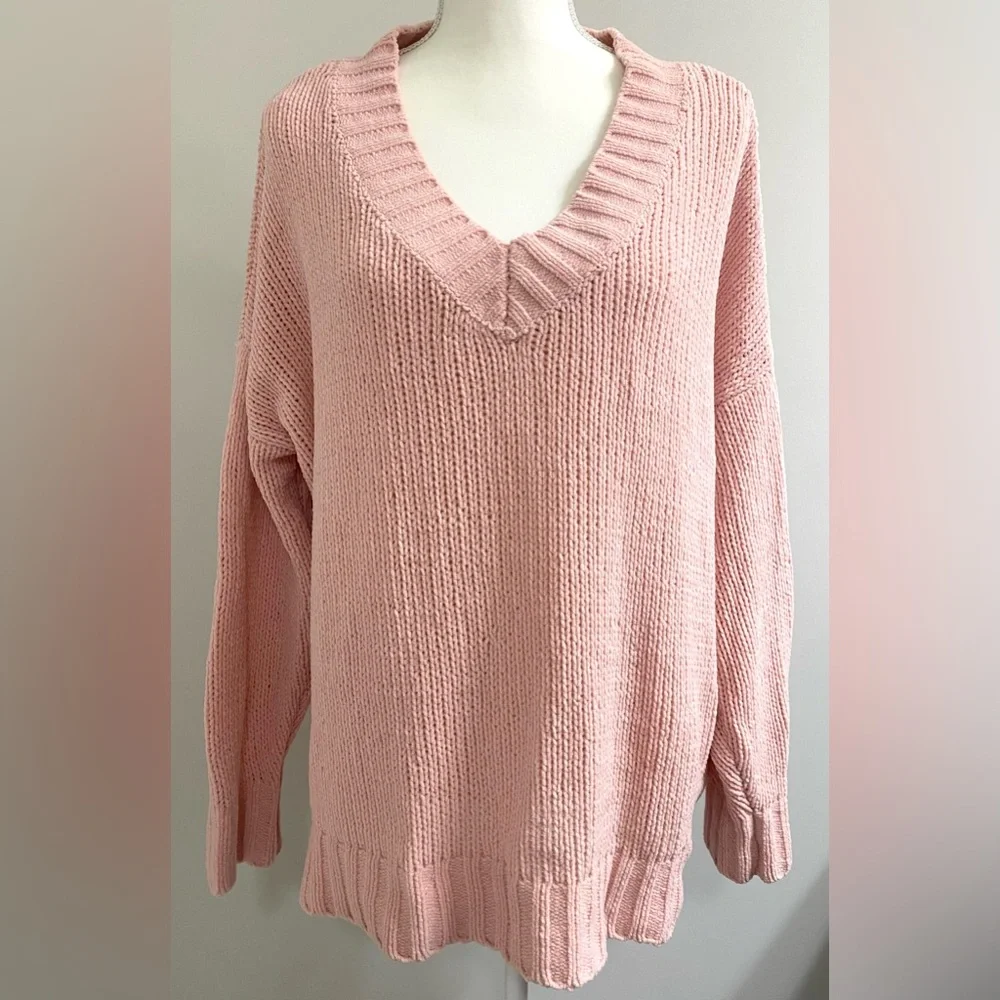 Aerie Womens S Pink Oversized Long Sleeve V-Neck Sweater Boho Cottage Cabincore - Picture 15 of 15